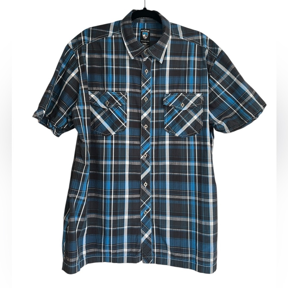 Kuhl Suncel Men's Shirt Sleeve Black and Blue Plaid Button Down Shirt- Size XL